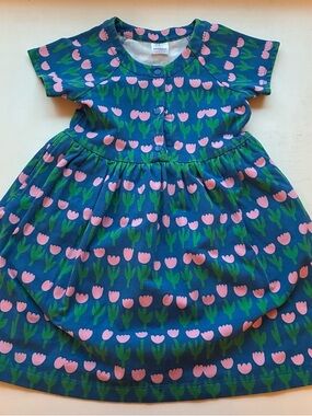 Hanna Andersson Navy Dress with Pink Tulips and Green Stems
